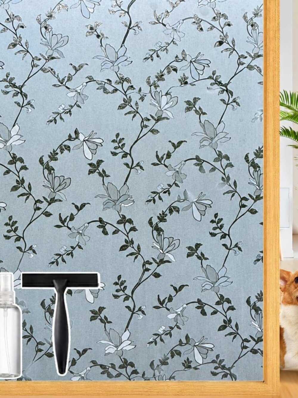 Frosted Glass Window Film with Elegant Flower Design, Bathroom Window Privacy Fi